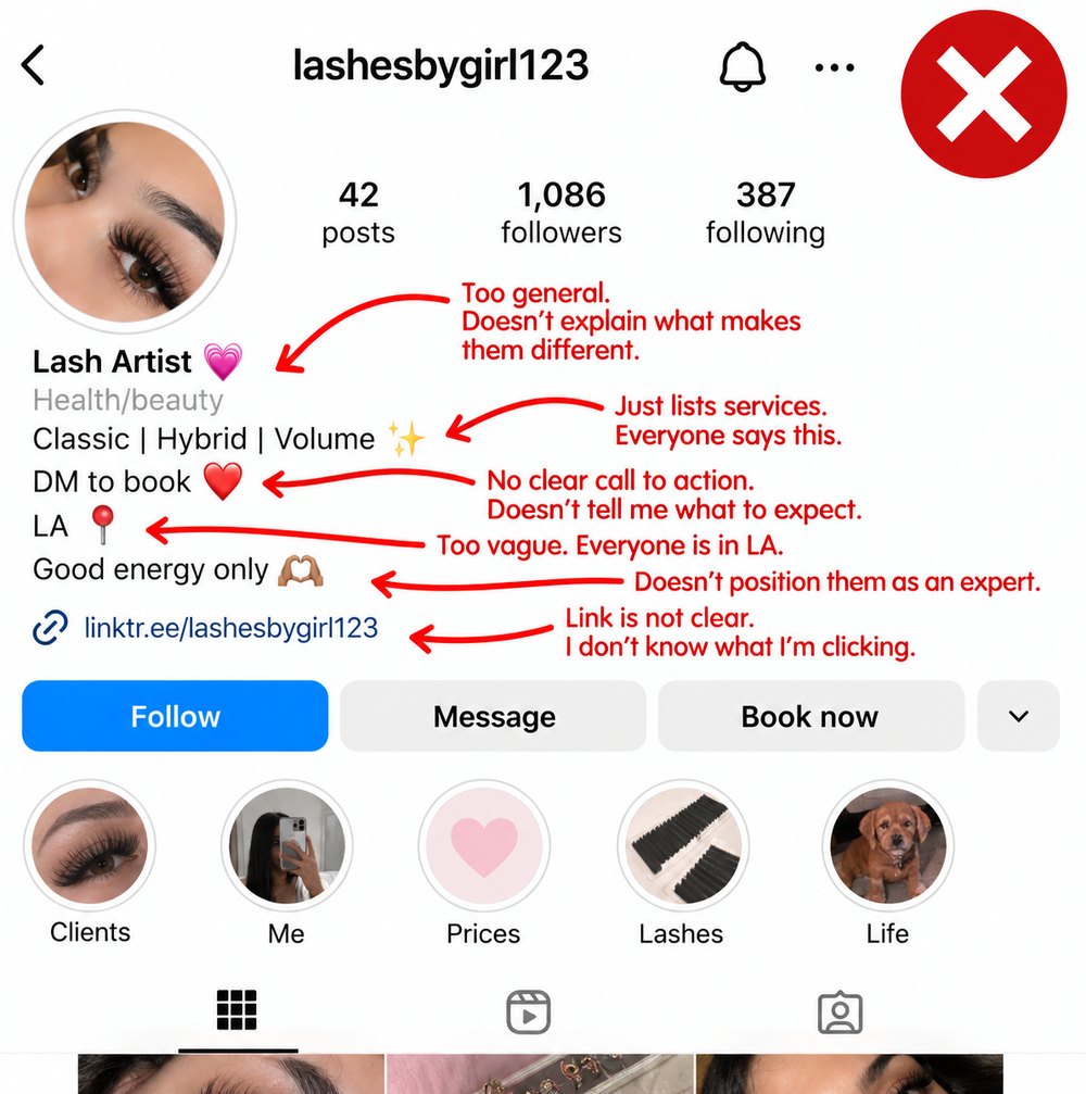 An unclear lash artist Instagram profile, with notes on what to fix