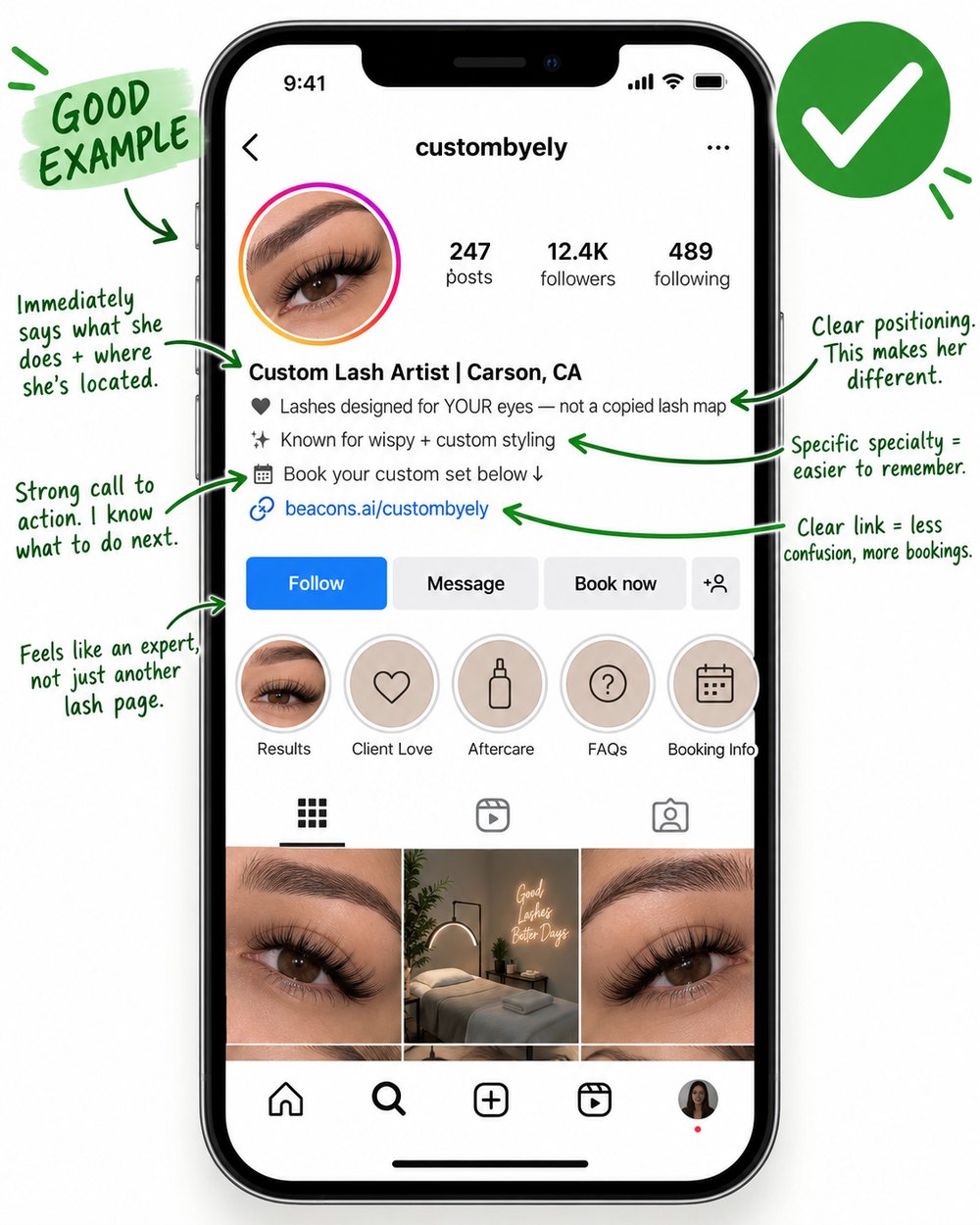 A clear custom lash artist Instagram profile, with notes on what works