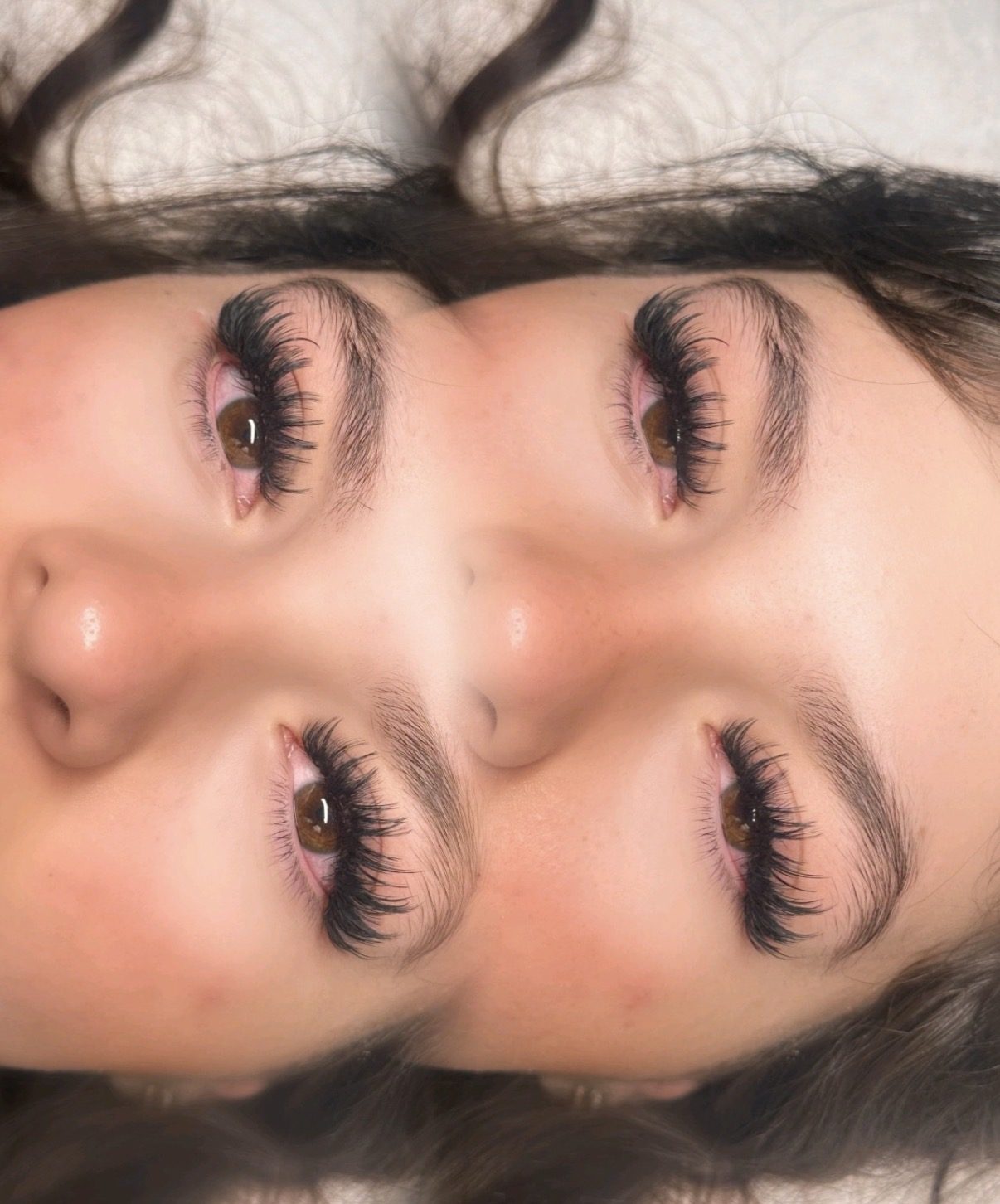 Custom wispy lash set shown from two angles